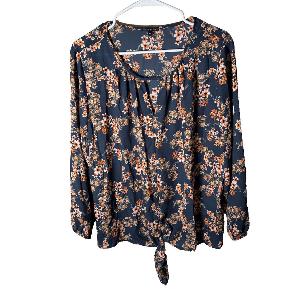 West Kei Blouse Women's XL Navy Floral Long Sleeve Tie Lightweight Top Shirt